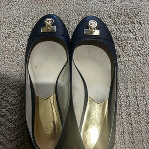 Michael Kors Navy Leather Logo Ballet Flats with Gold Accent